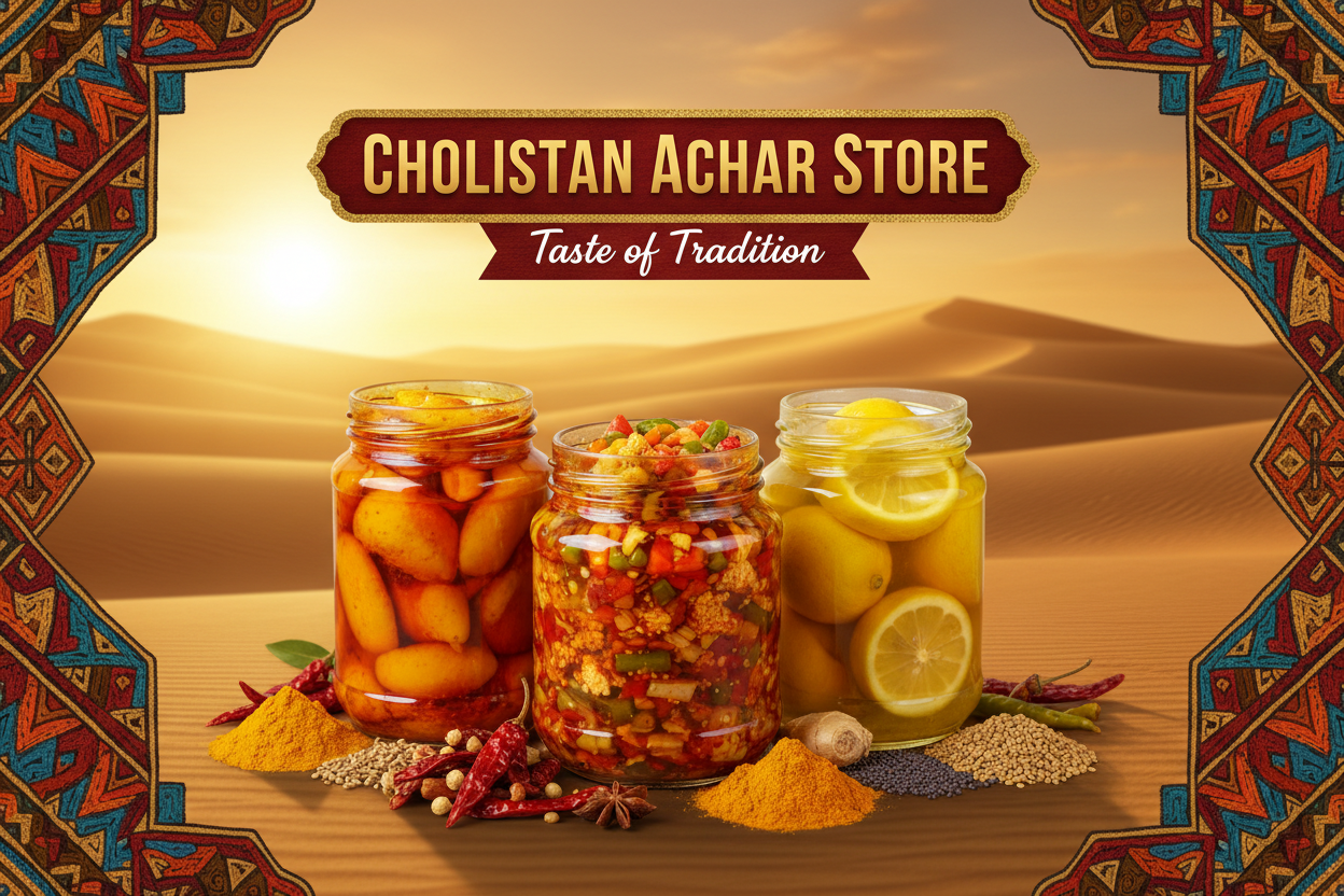 A bold, eye-catching banner for “Cholistan Achar Store.” The design features jars of traditional Pakistani pickles—mango achar, mix achar, lemon achar—arranged beautifully with vibrant colors. Background inspired by the Cholistan Desert with golden dunes, traditional Cholistani embroidery patterns, and warm earthy tones. Include spices like red chili, mustard seeds, fenugreek, and turmeric scattered artistically. Text in stylish bold typography: “Cholistan Achar Store – Taste of Tradition.” Clean, modern, a