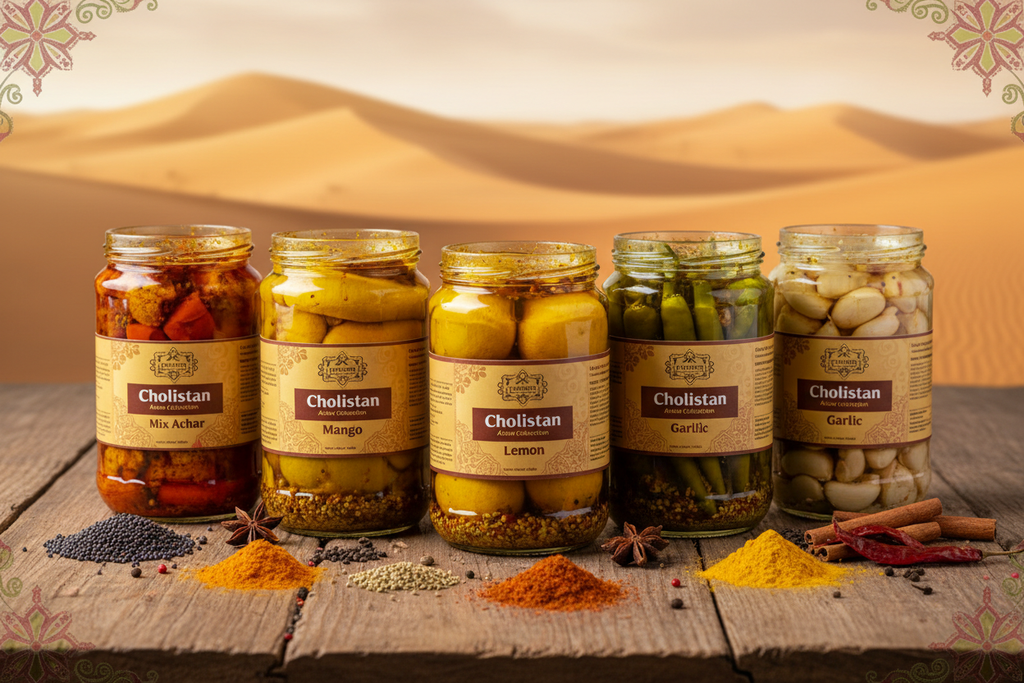 A high-quality product photo featuring the full “Cholistan Achar Collection.” Display multiple glass jars of achar—Mix Achar, Mango Achar, Lemon Achar, Green Chili Achar, and Garlic Achar—arranged neatly in a visually appealing layout. Each jar is filled with colorful, traditional Pakistani pickles with glossy spices and mustard oil.
Background inspired by the Cholistan Desert with warm sandy tones, subtle dunes, and traditional Cholistani embroidery patterns. Add scattered desi spices (mustard seeds, red c